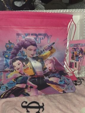 NEW Girls Pink Drawstring Backpack With Pencil Pouch